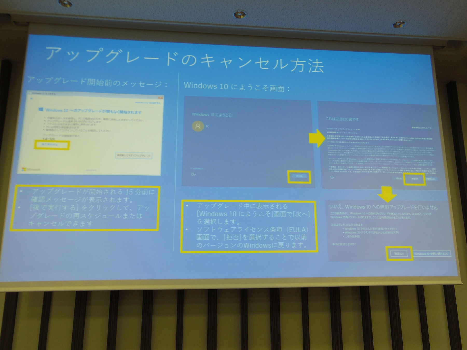 アップグレード実行の15分前に表示される画面でも、スケジュールの変更画面を呼び出してキャンセル操作ができる。また、アップグレード承認後の［Windows 10にようこそ］画面でも2階層潜ってキャンセル操作ができる