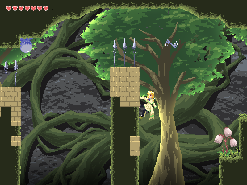 床から突き出る槍などさまざまなトラップのある森を、壁張り付きといったアクションを駆使して進んでいく