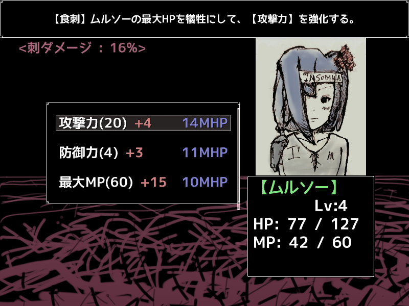 ムルソーの攻撃力・防御力・最大MPはレベルアップで変化せず、最大HPを消費して上昇させる。上昇に必要な最大HPは当該ステータスを上げるたびに増えていく