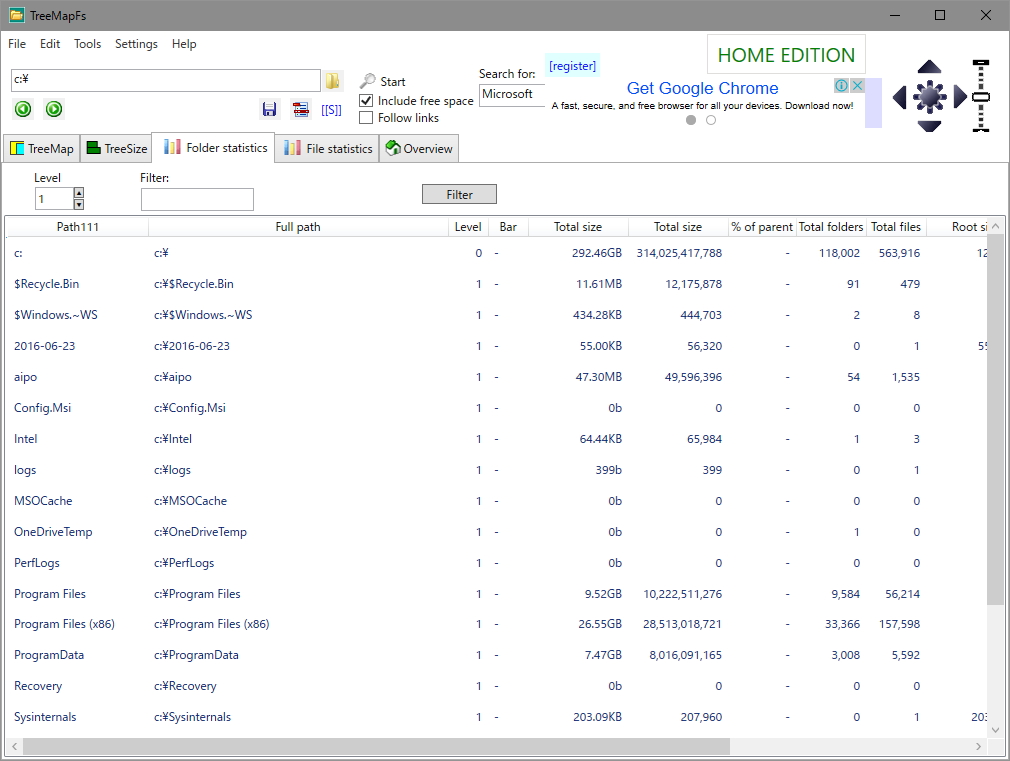 フォルダーの統計情報