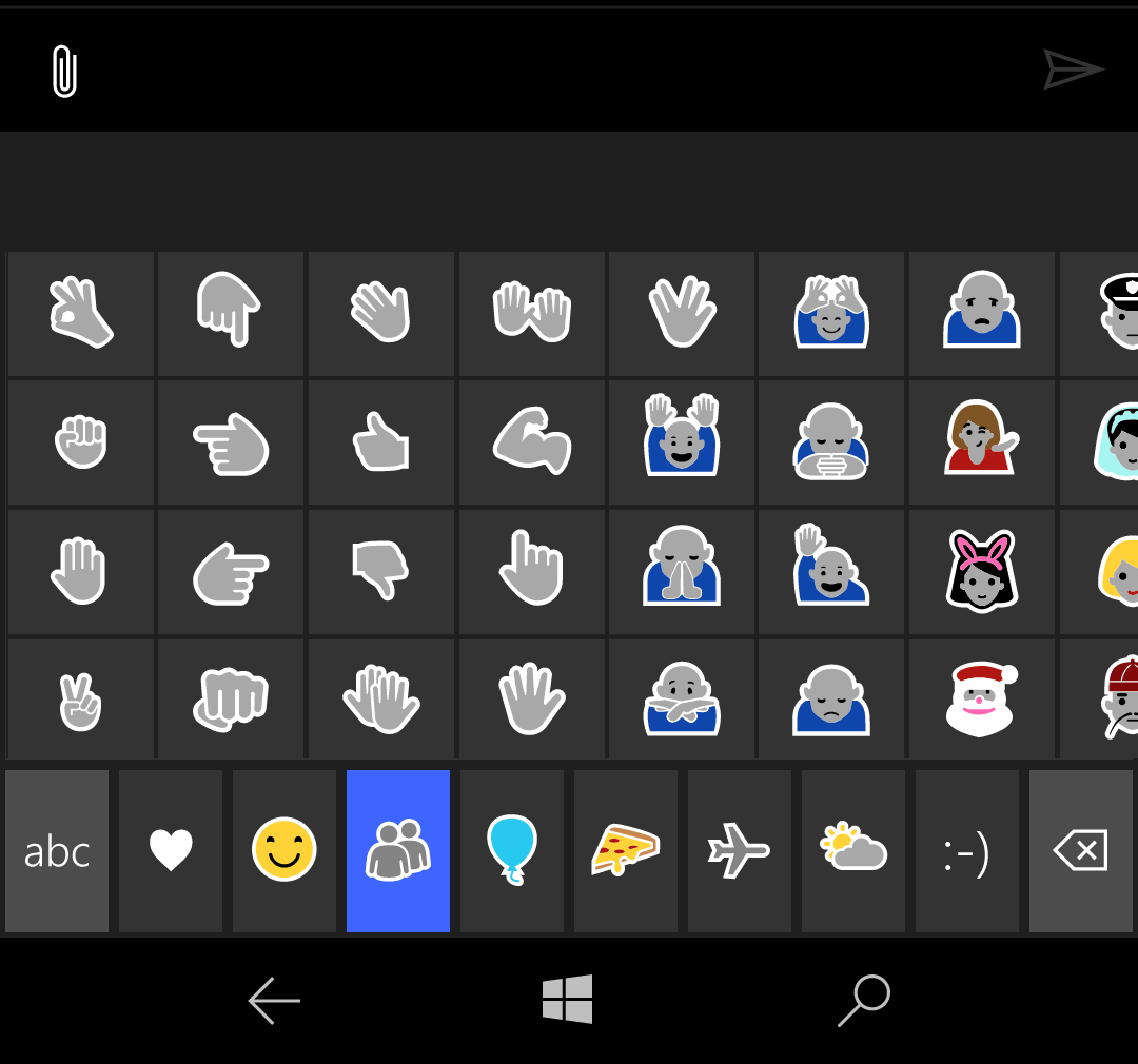 手や人の顔が並んでいるキーボードの絵文字部分を上方向にスワイプする
