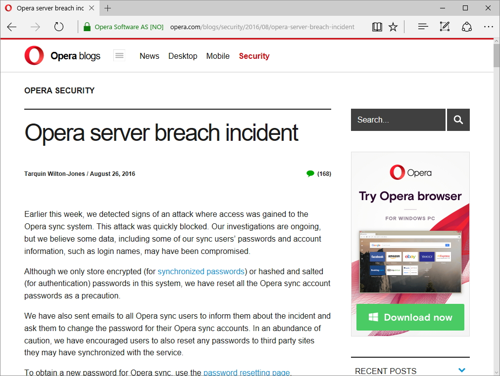 同社の公式ブログ“Opera Security”
