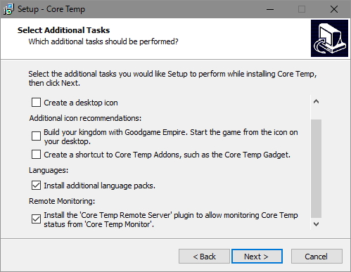 「Core Temp」をインストールする際、“Select Additional Task”画面で“Remote Monitoring”関連ファイルの追加を指定
