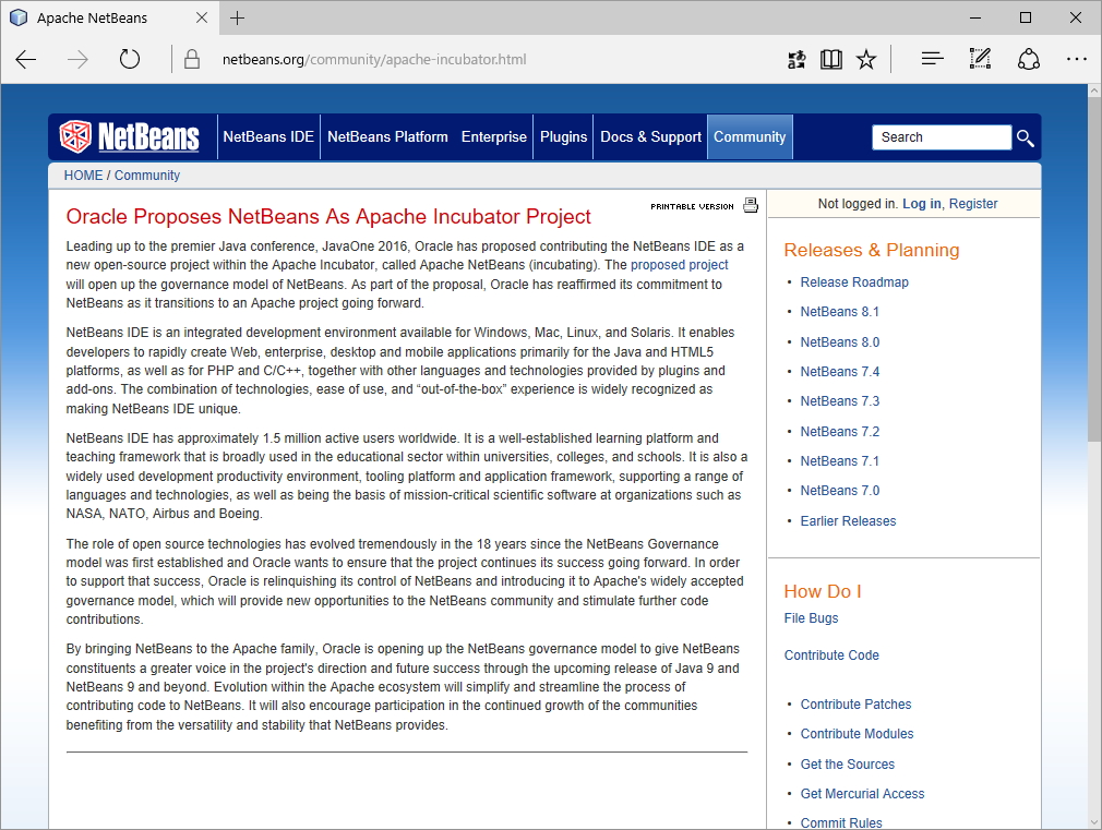 「NetBeans IDE」公式サイトのアナウンス