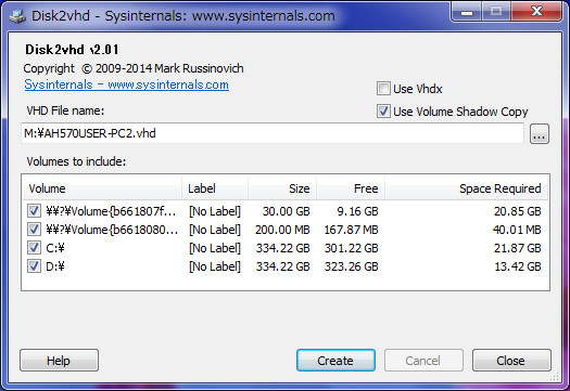 ダウンロードしたEXEファイルをダブルクリックで起動し、［Create］ボタンをクリックしてディスクイメージへの変換を実行します。保存先はNAS上であればどこでも構いません。なおデフォルトでは右上の［Use Vhdx］にチェックが入っていますので、これは外しておきましょう