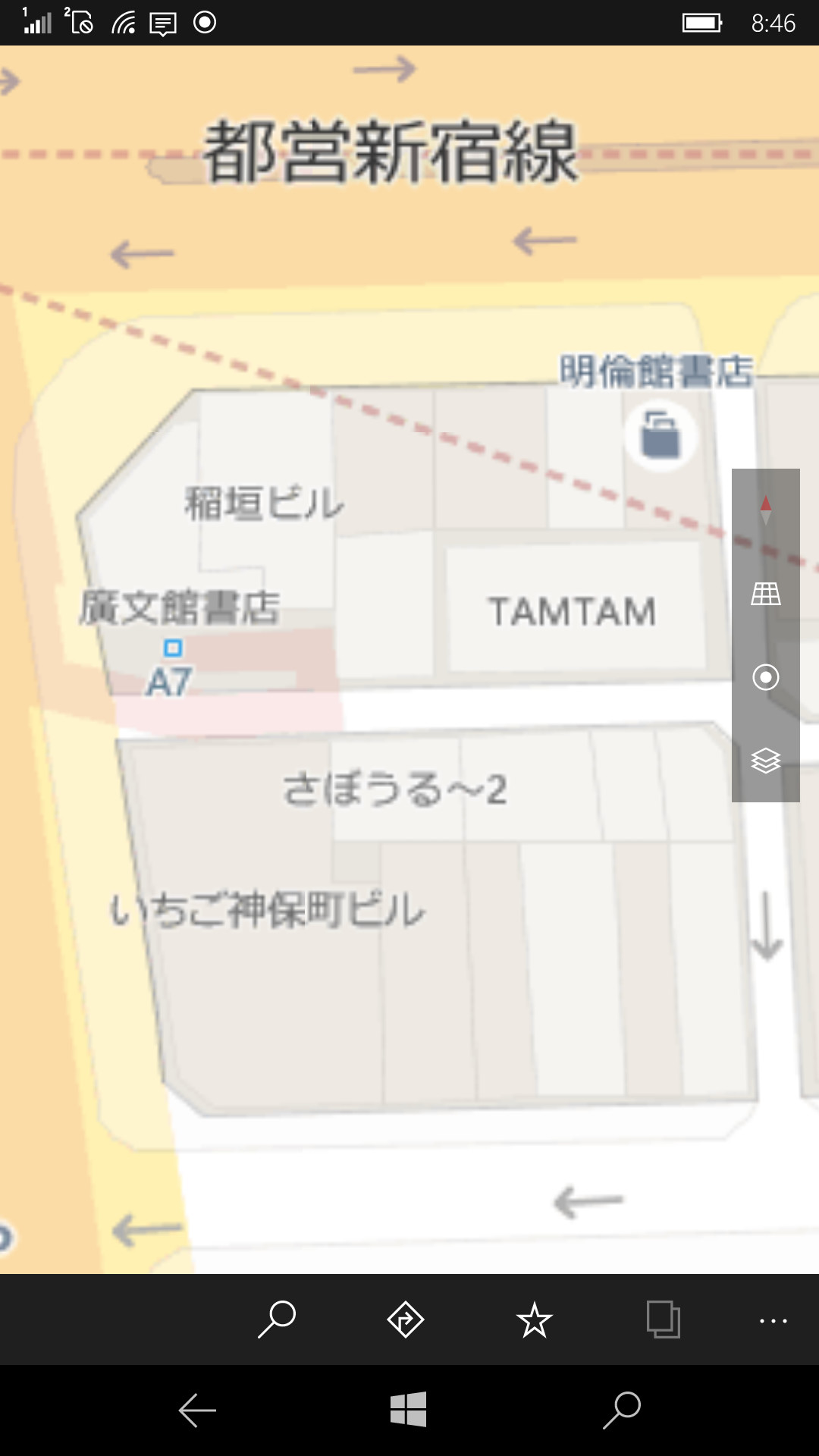 編集部のある神保町周辺を最大限に拡大した状態。書店名や喫茶店の名前なども表示されるため、道に迷った時もひと目でわかる