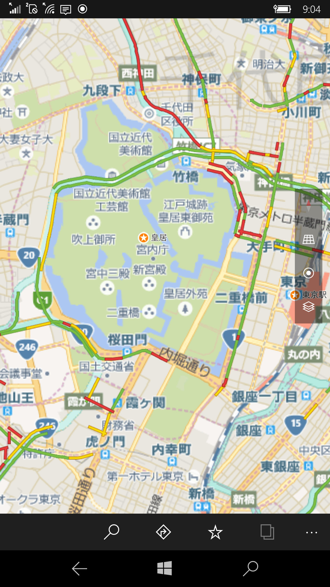 こちらは都内の混雑状況を示した状態。皇居周辺は全般的に混雑している