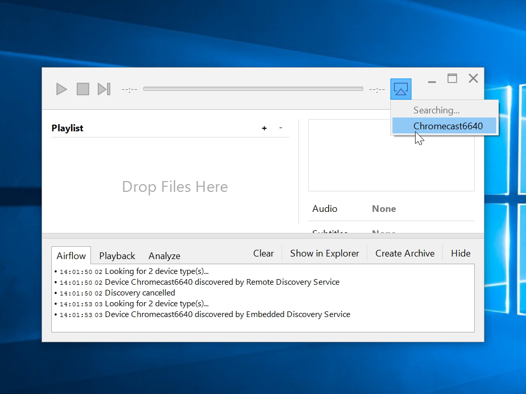 画面右上にある接続ボタンを押してキャストデバイスへ接続。ログ画面を表示しておくと、トラブルの解決に役立つ