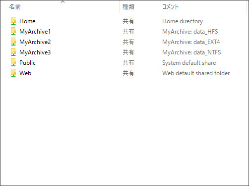 Windowsから表示すると、やはりそれぞれのMyArchiveドライブが別々の共有フォルダー（MyArchive1/2/3）として認識されていることがわかります