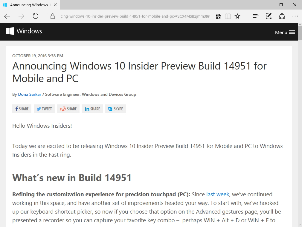 「Windows 10 Insider Preview」Build 14951のリリースをアナウンスする公式ブログ