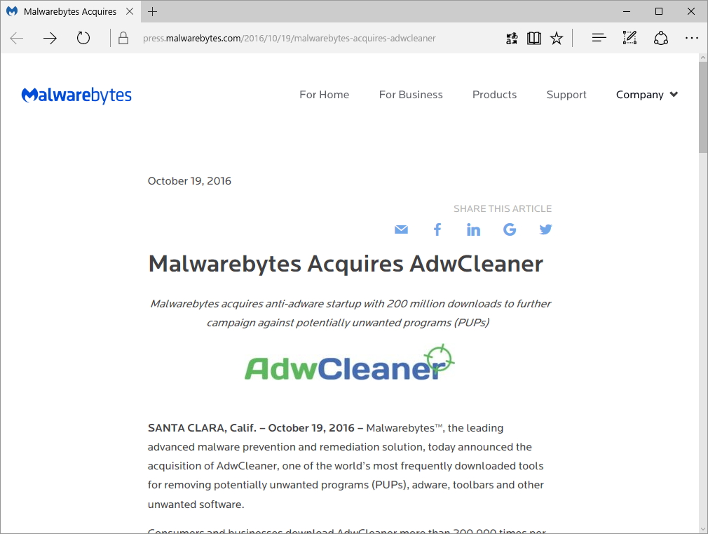 Malwarebytes社のリリースページ