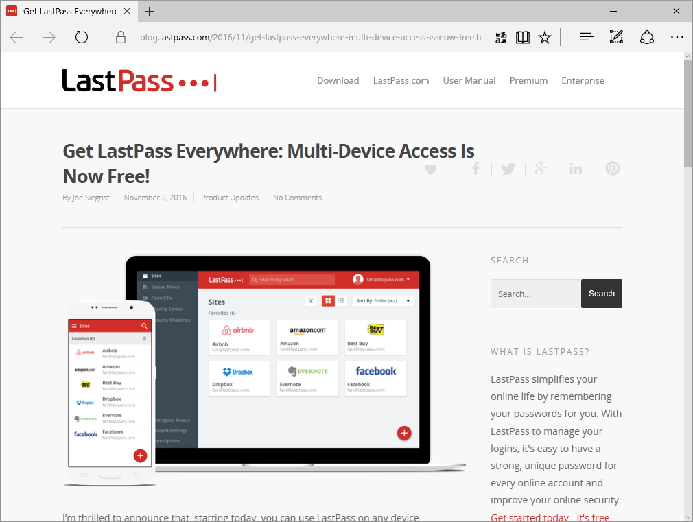 パスワード管理サービス「LastPass」のマルチデバイスアクセス機能が無償に