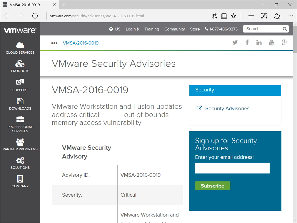 同社のセキュリティ情報ページ（VMSA-2016-0019）