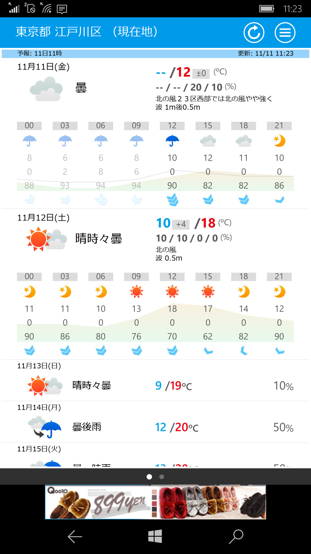 バナー広告が入るものの、一覧性が高い「そら案内」。スクロールさせると文章で天候の移り変わりが確認できる