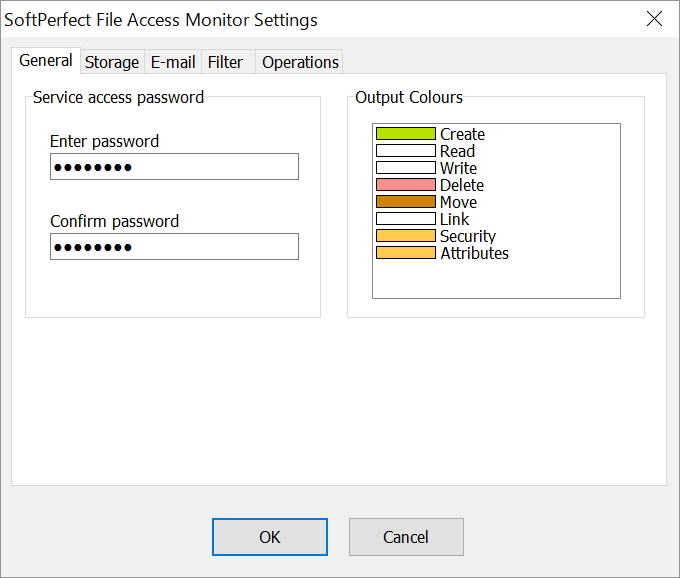 ファイル操作の種類は色分け表示が可能。サービスにセキュリティをかける機能も