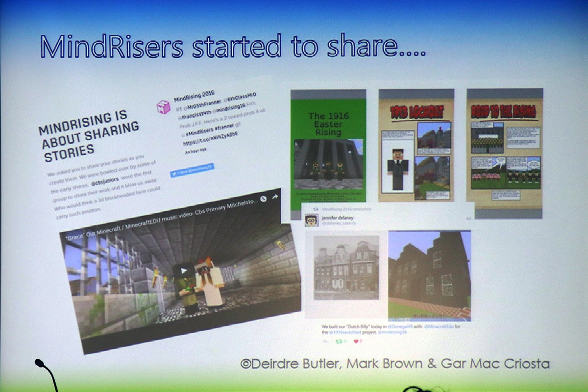 海外事例としてアイルランドの歴史をMinecraftで再現した動画を紹介。安藤氏の説明によれば製作完了までに7週間を要し、教師はカリキュラムの管理が1番の負担になったという
