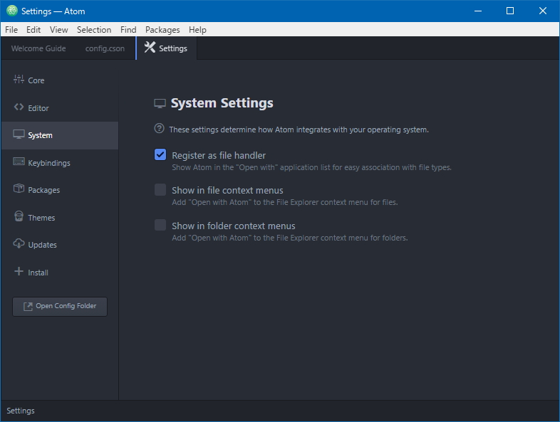 「Atom」のシステム設定画面