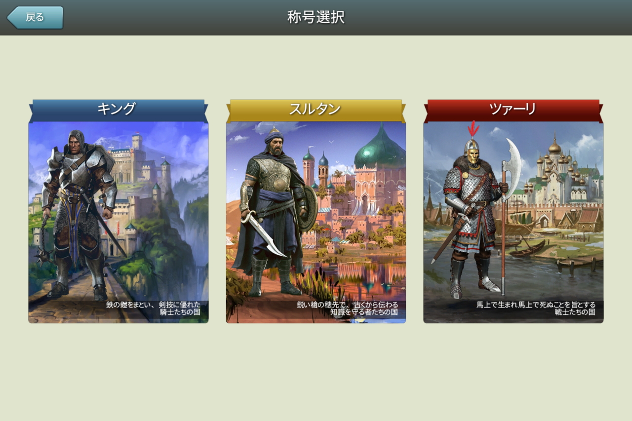プレイヤーはハイランドの“キング”、北の“ツァーリ”、砂漠の“スルタン”の3つ勢力の内、いずれかに属することになる（選択は自動だが、スタート時に配布される特殊アイテムで変更可能）