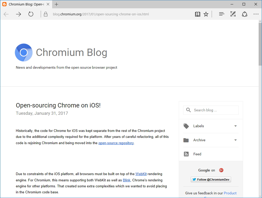 公式ブログ“Chromium Blog”