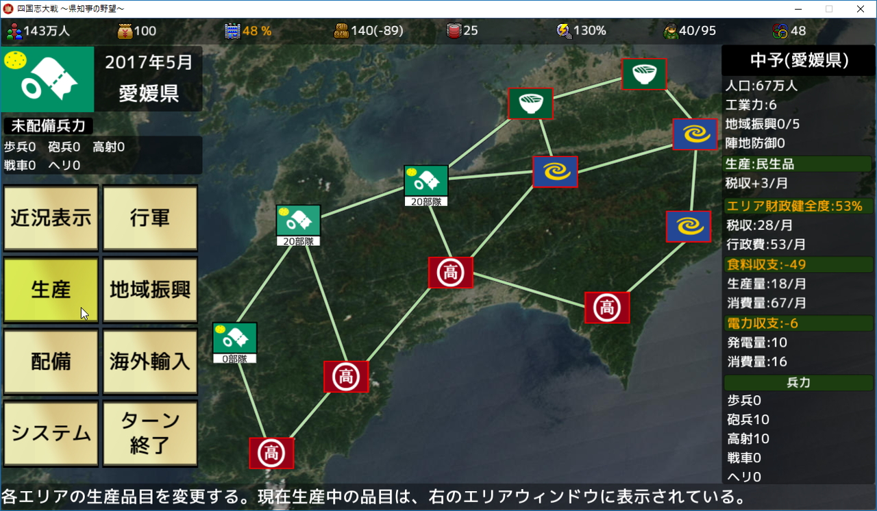 毎月1回ターンが回ってくる。コマンドを実行して、税収・農業収入・工業力・兵力を充実させていこう