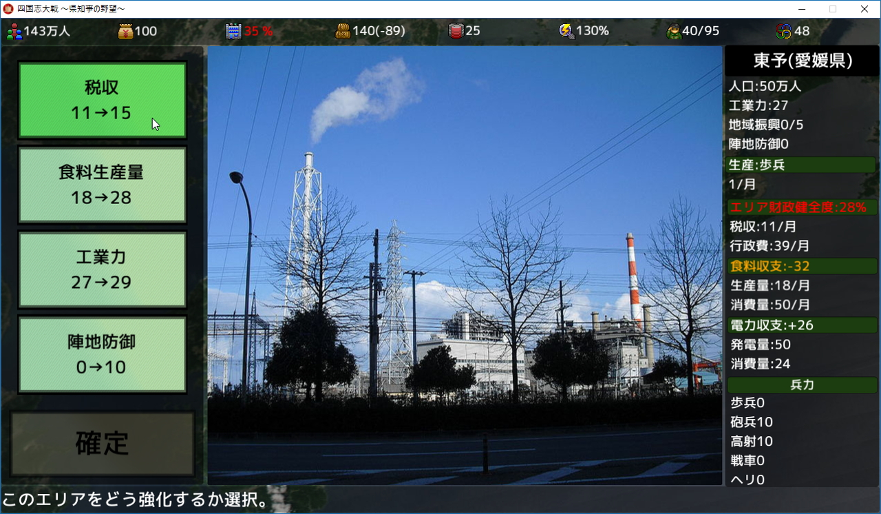 毎月1回、1つの地域で実行可能な“地域振興”コマンド。財政と農業収支の改善が優先か