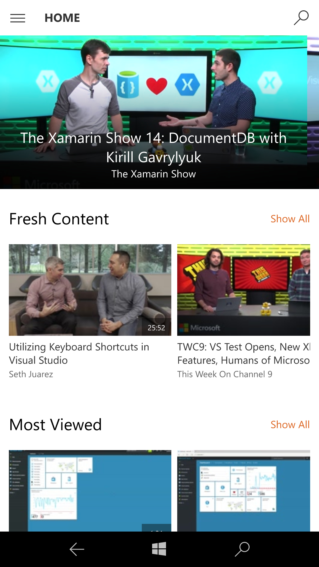 デザインを刷新したUWPアプリ版「Channel 9」。ハンバーガーメニューから各カテゴリに移動できる