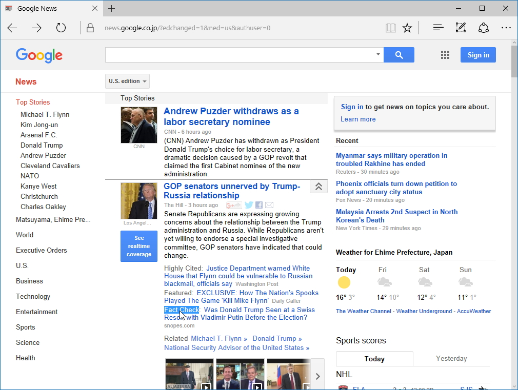 “Google ニュース”の“Fact Check”タグ（アメリカ版）