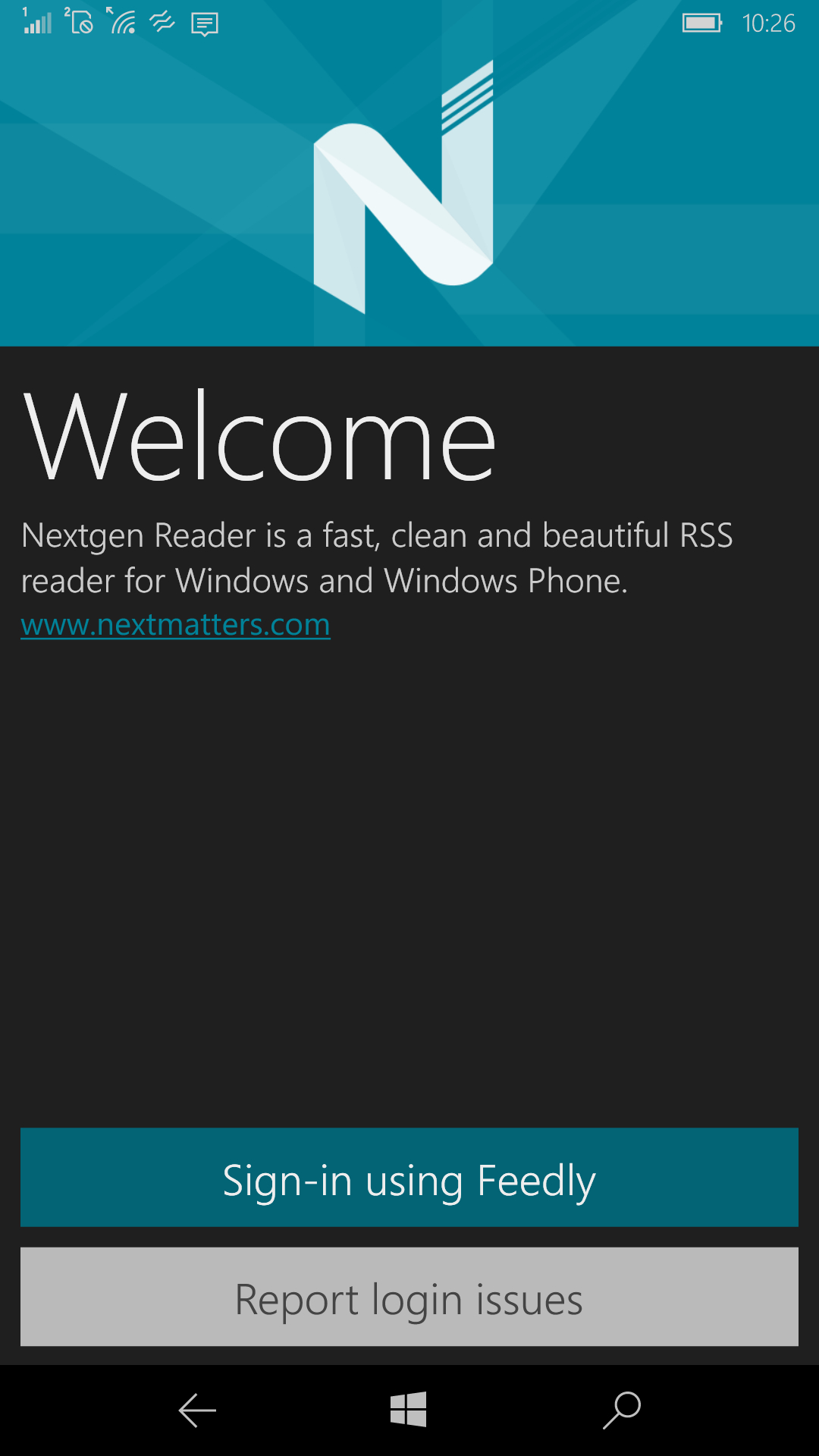 「Nextgen Reader」のスタート画面。Feedlyへのサインアップを求められる