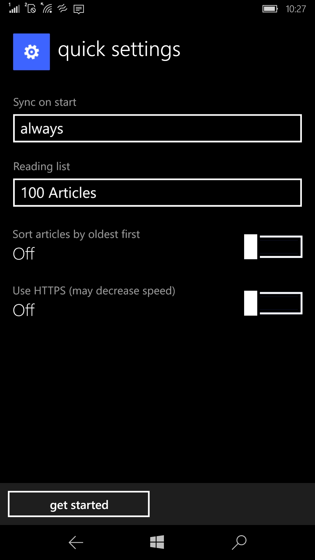初回起動時は同期設定や表示記事数など基本的な設定が行える。もちろん後から変更することも可能だ