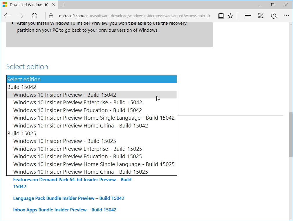 PC版「Windows 10 Insider Preview」Build 15042のイメージファイル