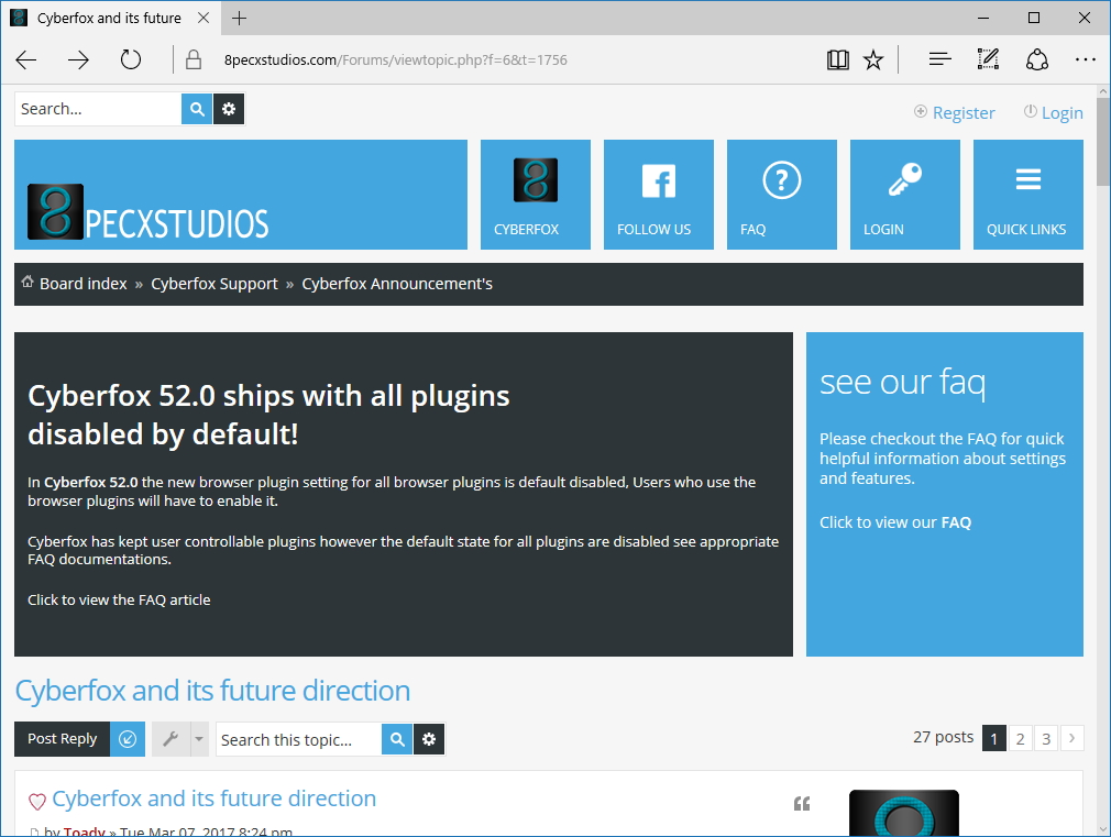 「Cyberfox」の終了をアナウンスするフォーラム記事