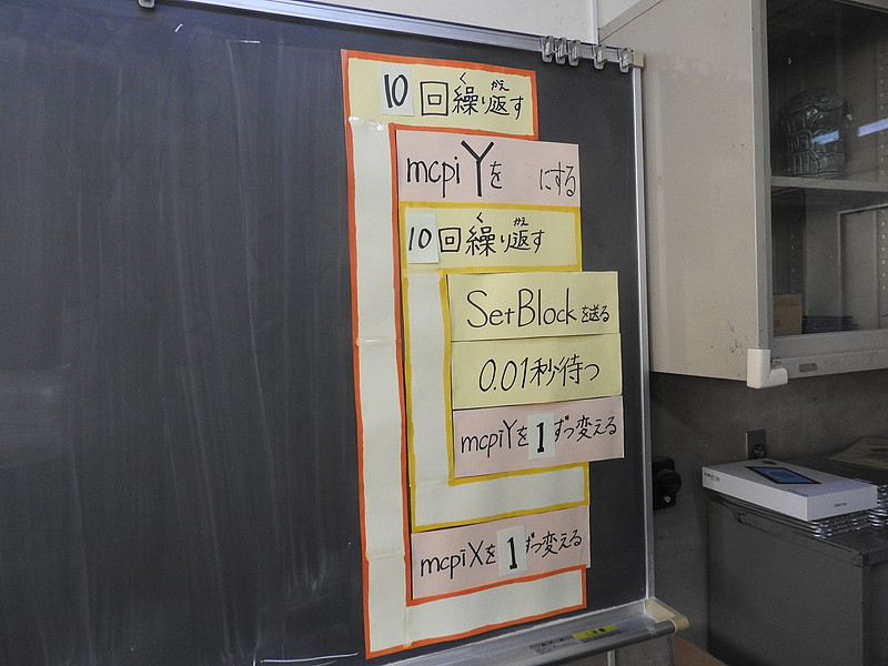 二重ループで座標を変えながら、ブロックを並べていくことで、壁を作るプログラムの例