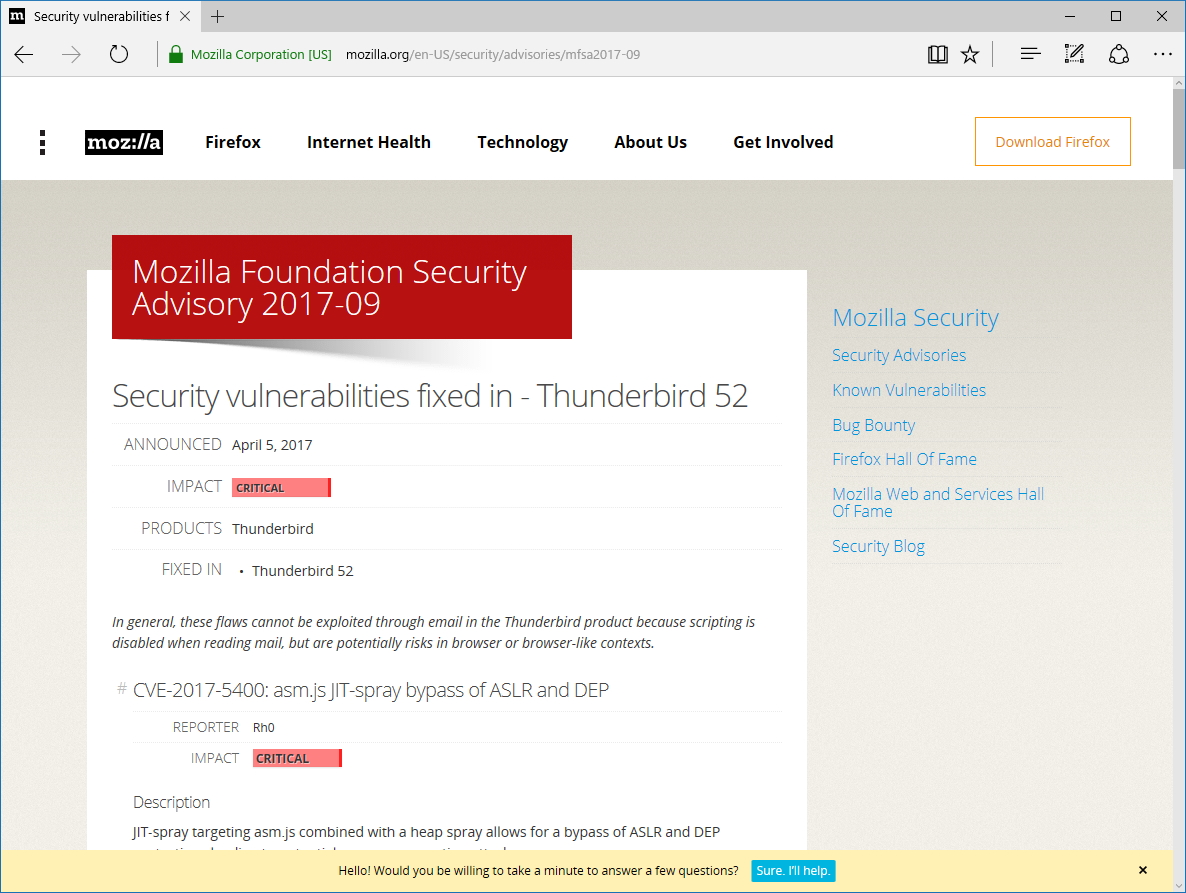 Mozilla Foundationが公開したセキュリティアドバイザリ