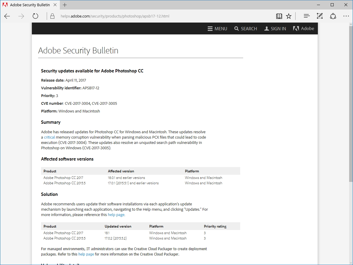 「Adobe Photoshop CC」のセキュリティ情報ページ