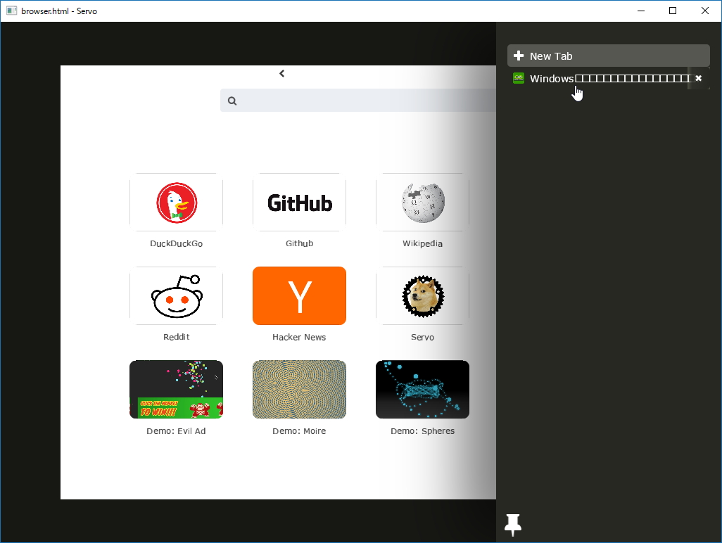 「Servo」のWindows向けナイトリービルドを動作させた様子