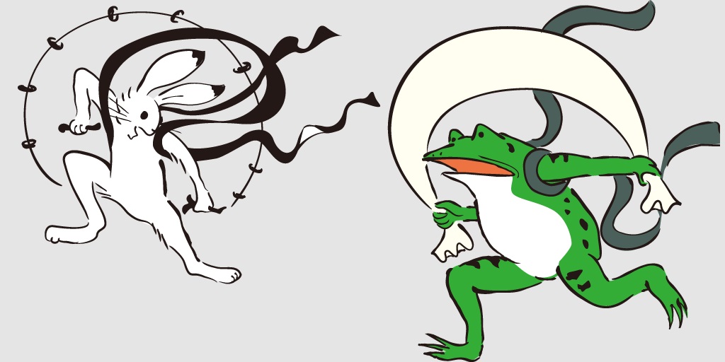 風神・雷神に扮したカエルとウサギ