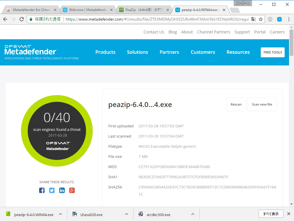 “Metadefender”の分析結果ページ