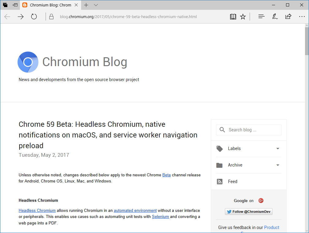 公式ブログ“Chromium Blog”