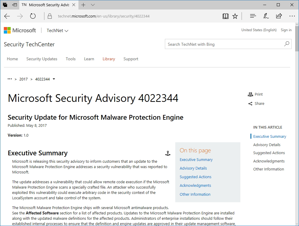 同社のセキュリティアドバイザリ“Microsoft Security Advisory（MSA）4022344”