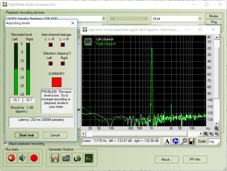 出力レベルを上げると“Recorded level”が徐々に上がる