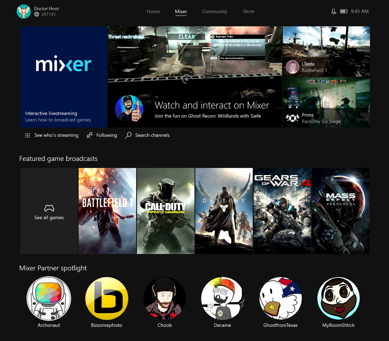 “Mixer”が組み込まれたXbox Oneのダッシュボード