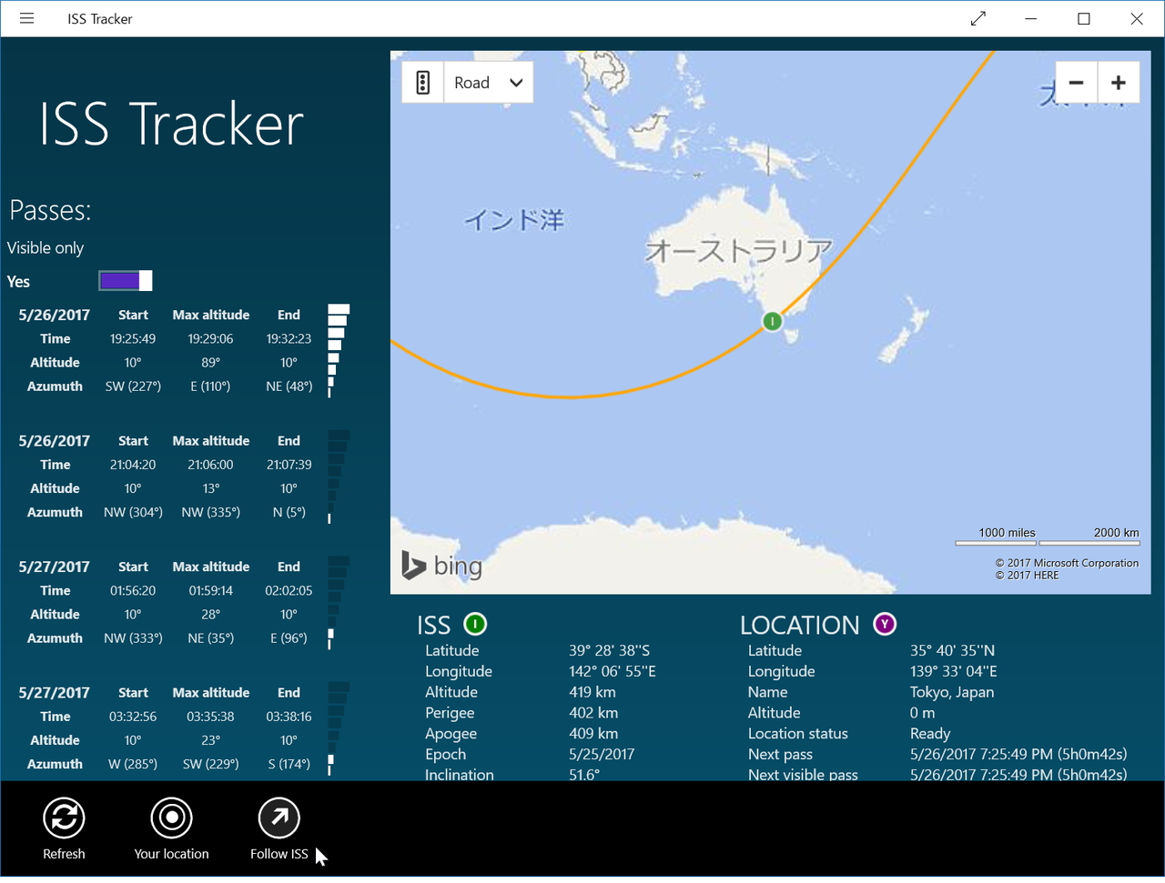ISSの位置をリアルタイムでトラッキングし、それを地図上に表示