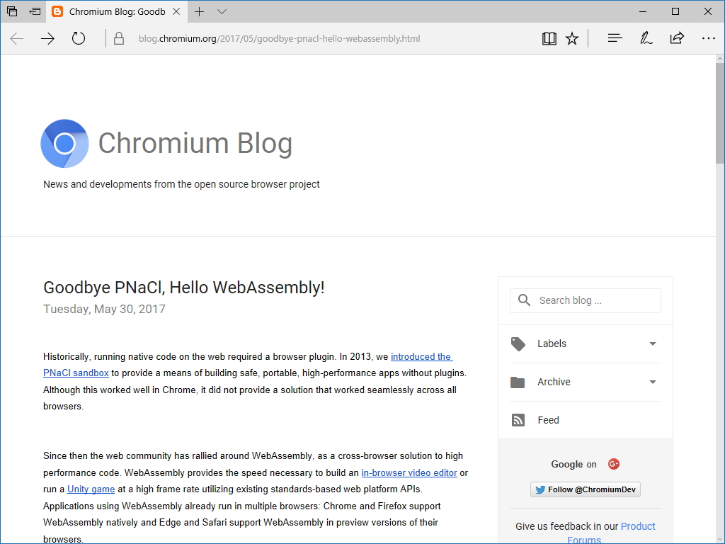 公式ブログ“Chromium Blog”