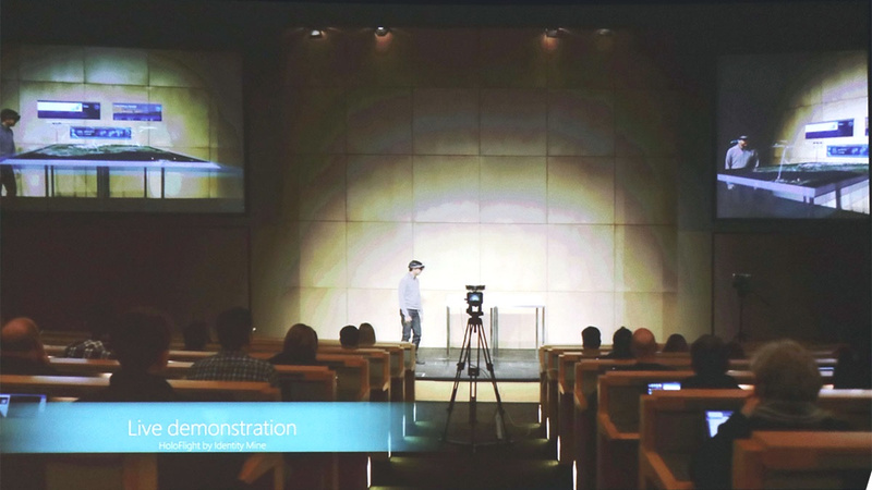 こちらも“Spectator View”の一例。講演の聴講者に仮想オブジェクトを紹介する場面で有効的だ