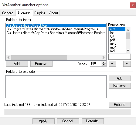 ［Indexing］タブでインデックスを作成するパスを登録