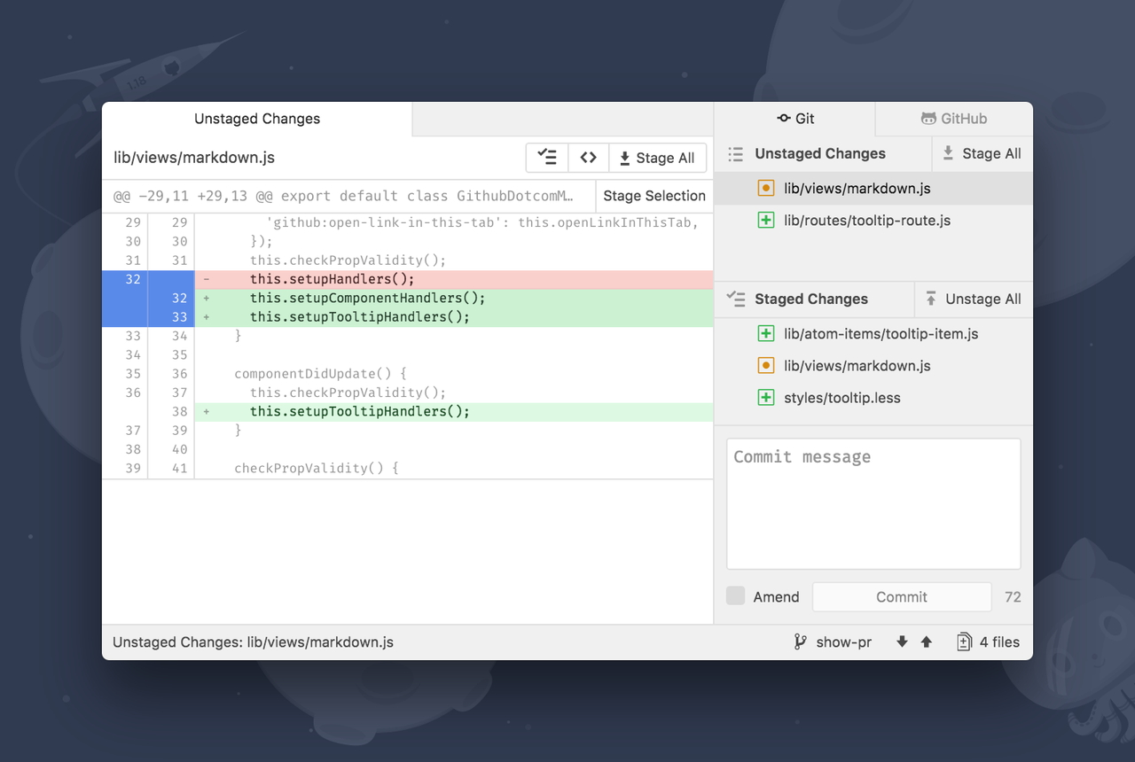 「Git」と“GitHub”が統合された「Atom」v1.18.0（同社ブログより引用）