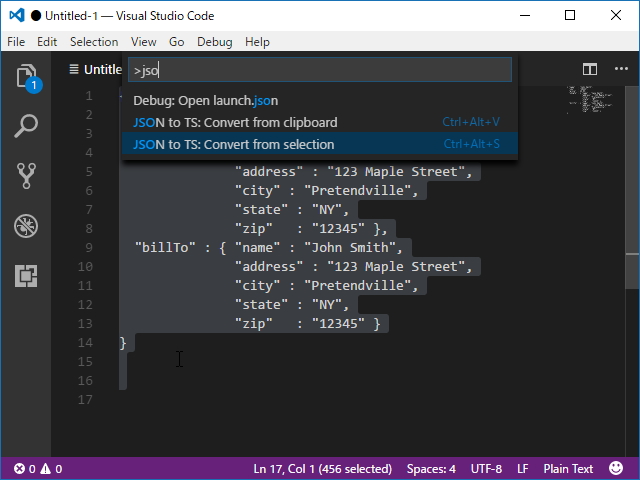 “コマンド パレット”からコマンドを呼び出して、JSONデータを「TypeScript」コードへ変換