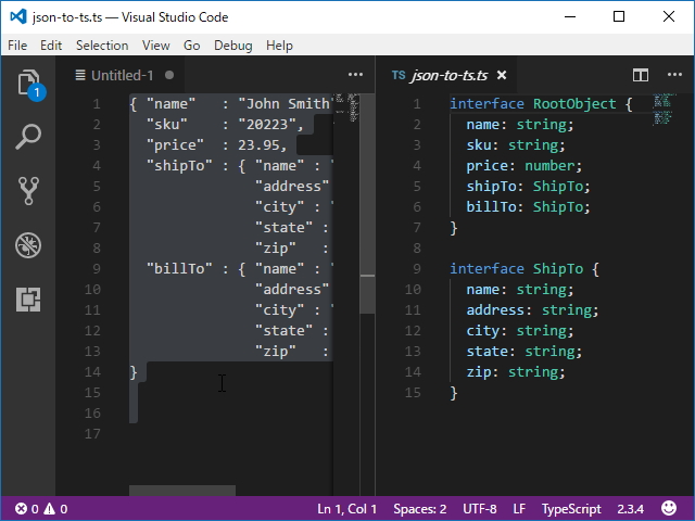 “コマンド パレット”からコマンドを呼び出して、JSONデータを「TypeScript」コードへ変換