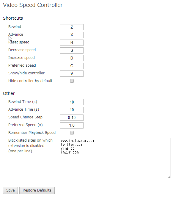 ショートカットの割り当て、およびボタンを1回押すことで変更される速度幅は［Setting］から自在に設定できます