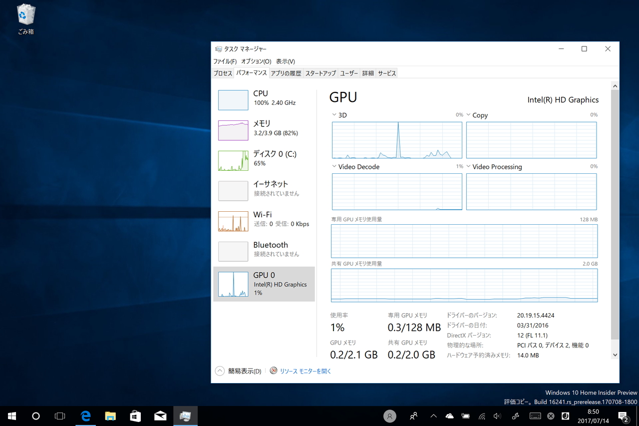 「タスク マネージャー」の［パフォーマンス］タブ